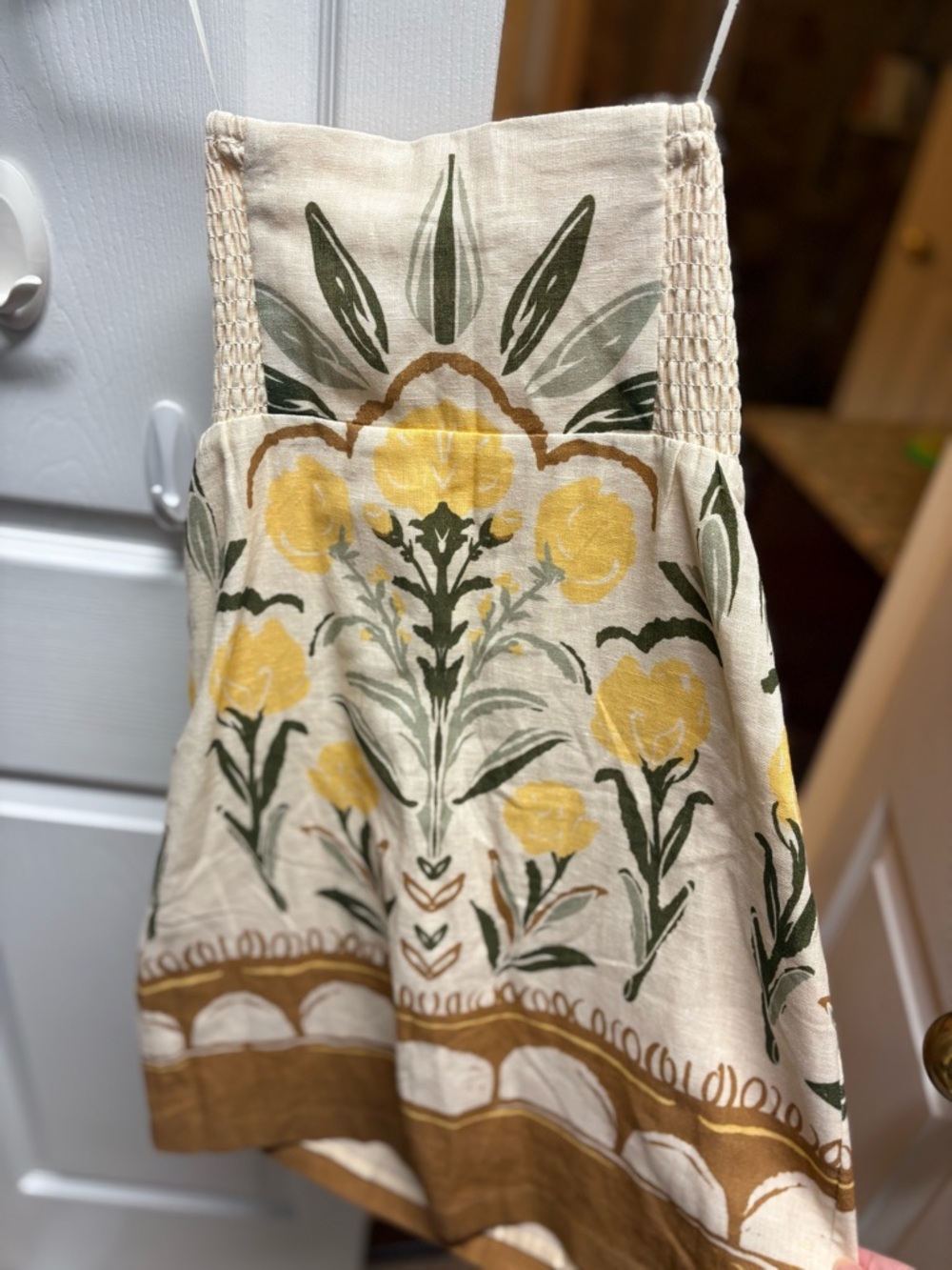 A&F Cream Linen dress with linen shorts under with Yellow & Olive Floral Print - Picture 2 of 2